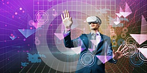 Thoughtful young european businessman with VR glasses standing on creative glowing metaverse background. Cyberspace, augmented