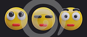 Thoughtfulness, poker face, surprise, shock. 3D emoticon with neutral, uncertain reaction