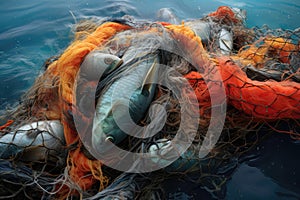 Thoughtprovoking Shot Of Discarded Fishing Nets Entangling Fish. Generative AI