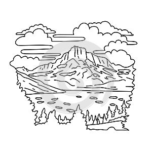 Thousand Island Lake in Sierra Nevada within Ansel Adams Wilderness Monoline Line Art Drawing