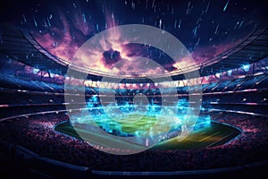 Thousands of excited fans gathered together in a massive stadium to witness a thrilling soccer game, Full night football arena in