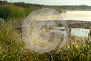 Thousands of small drops of water form an amazing fountain on the shore of the lake