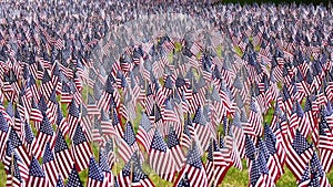 Thousands of US flags planted in Boston Common, to commemorate fallen soldiers in wars, during Memorial Day weekend