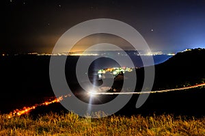 Thracian cliffs near blue clear water of Black Sea, night time