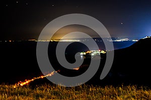 Thracian cliffs near blue clear water of Black Sea, night time