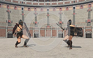 Thracian gladiators fight in the colosseum in ancient Rome