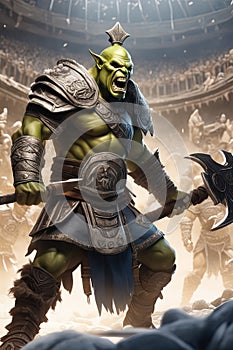 A thrall orc gladiator in a crowded coliseum screaming with an ax in hand, AI generated