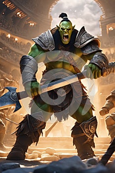 A thrall orc gladiator in a crowded coliseum screaming with an ax in hand, AI generated