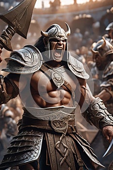 A thrall orc gladiator in a crowded coliseum screaming with an ax in hand, AI generated