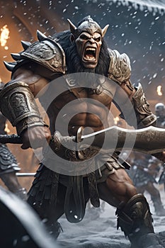 A thrall orc gladiator in a crowded coliseum screaming with an ax in hand, AI generated