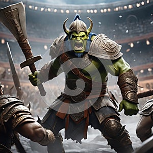 A thrall orc gladiator in a crowded coliseum screaming with an ax in hand, AI generated