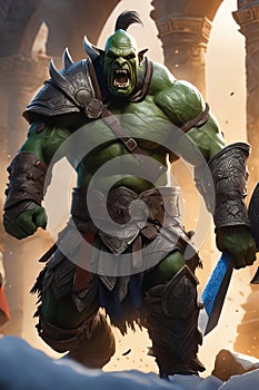 A thrall orc gladiator in a crowded coliseum screaming with an ax in hand, AI generated