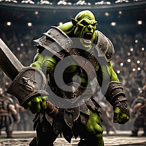 A thrall orc gladiator in a crowded coliseum screaming with an ax in hand, AI generated