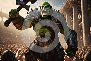 A thrall orc gladiator in a crowded coliseum screaming with an ax in hand, AI generated