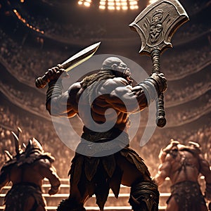 A thrall orc gladiator in a crowded coliseum screaming with an ax in hand, AI generated