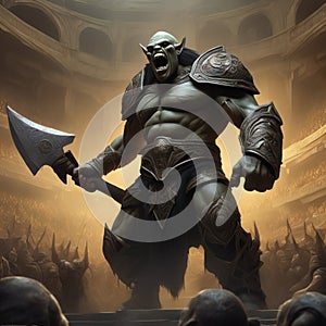 A thrall orc gladiator in a crowded coliseum screaming with an ax in hand, AI generated