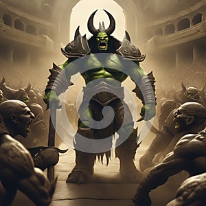 A thrall orc gladiator in a crowded coliseum screaming with an ax in hand, AI generated