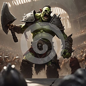 A thrall orc gladiator in a crowded coliseum screaming with an ax in hand, AI generated