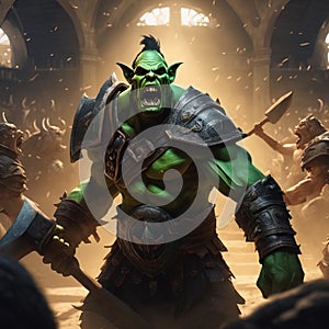 A thrall orc gladiator in a crowded coliseum screaming with an ax in hand, AI generated