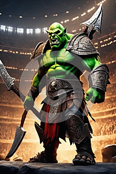 A thrall orc gladiator in a crowded coliseum screaming with an ax in hand, AI generated