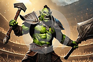 A thrall orc gladiator in a crowded coliseum screaming with an ax in hand, AI generated