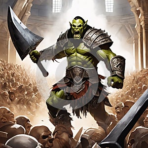 A thrall orc gladiator in a crowded coliseum screaming with an ax in hand, AI generated