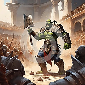 A thrall orc gladiator in a crowded coliseum screaming with an ax in hand, AI generated