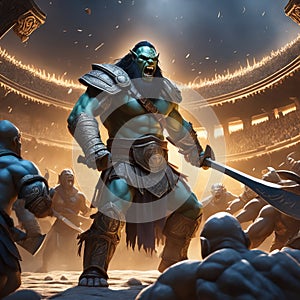 A thrall orc gladiator in a crowded coliseum screaming with an ax in hand, AI generated