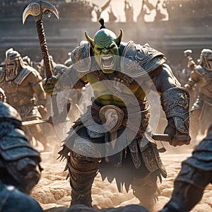 A thrall orc gladiator in a crowded coliseum screaming with an ax in hand, AI generated