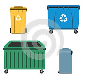 Thrash and recycling can. Garbage container set.