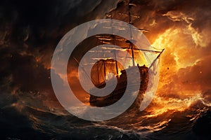 Thrashing Ship in sea storm. Generate Ai