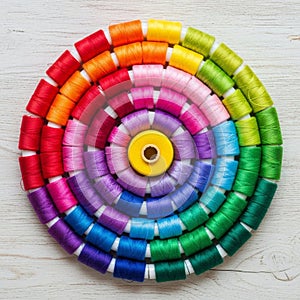 Of thread are arranged in a circular pattern, creating a vibrant rainbow