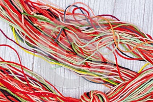 Thread floss in a frame with a knot for cross stitching