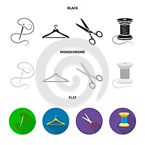 Thread, reel, hanger, needle, scissors.Atelier set collection icons in black, flat, monochrome style vector symbol stock