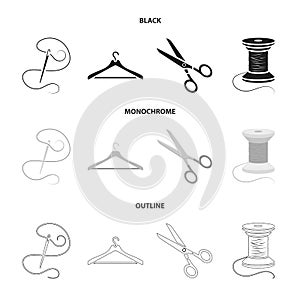 Thread, reel, hanger, needle, scissors.Atelier set collection icons in black,monochrome,outline style vector symbol