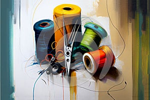 Thread spools illustration acryl painting. AI generated