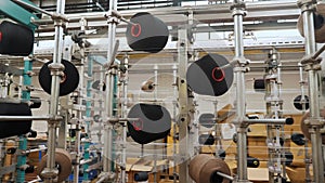 thread spools. textile industry. weaving factory. racks with many thread spools. dyeing and drying of threads for