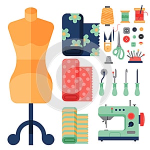 Thread supplies accessories sewing equipment tailoring fashion pin craft needlework vector illustration.