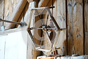 Thread wrapped on an old wooden spinning wheel