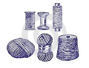 Threads for sewing for cross stitching and knitting. Wool knitwear yarn thread knitting weaving wool vector sketch