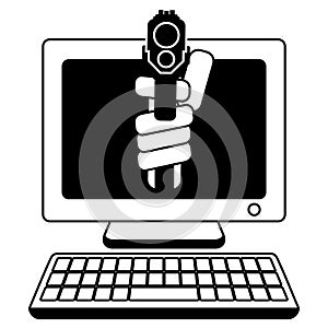 Threat from computer internet hackers web robbery A gun aimed at you