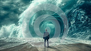 Threatened Businessman Standing On The Shore In The Midst of Turbulent Crashing Waves. Feeling of Overwhelming