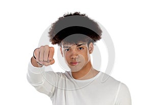 Threatening afro guy showing his fist