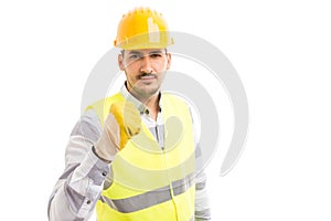 Threatening builder or worker showing fist