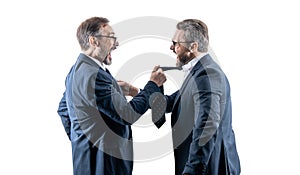 threatening business reputation. rival company threatening. businessmen threaten business men isolated on white