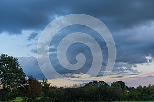 Threatening cloud formations  in the sky from the coming storm, while the blue of the sky is still visible