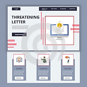 Threatening letter flat landing page website template. Rumors, punishing, bullying. Web banner with header, content and photo