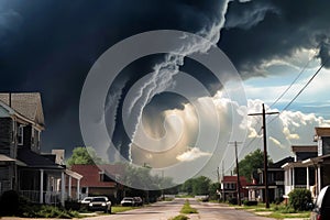 Threatening tornado approaching the town. Dark grey clouds covering the sky. Generative AI