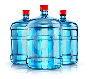 Three 19 liter or 5 gallon plastic drink water bottles