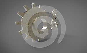 Three 3D cogs yellow big cog on grey gray background